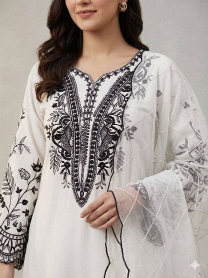 Women’s Mal Cotton Embroidered Suit Set with Organza Dupatta | Festival Wear Top Palazzo Dupatta Set