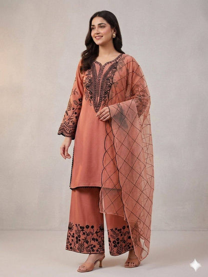 Women’s Mal Cotton Embroidered Suit Set with Organza Dupatta | Festival Wear Top Palazzo Dupatta Set
