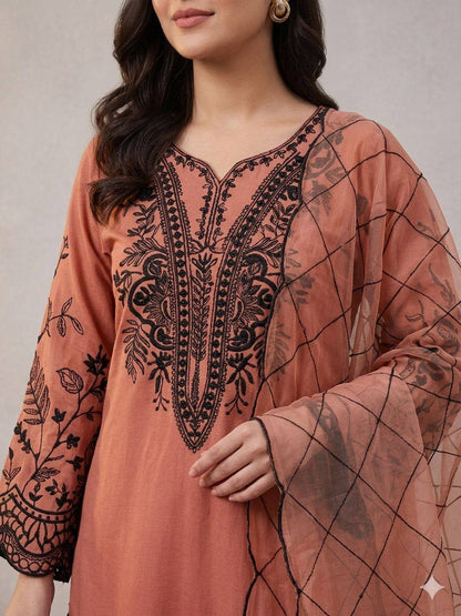 Women’s Mal Cotton Embroidered Suit Set with Organza Dupatta | Festival Wear Top Palazzo Dupatta Set