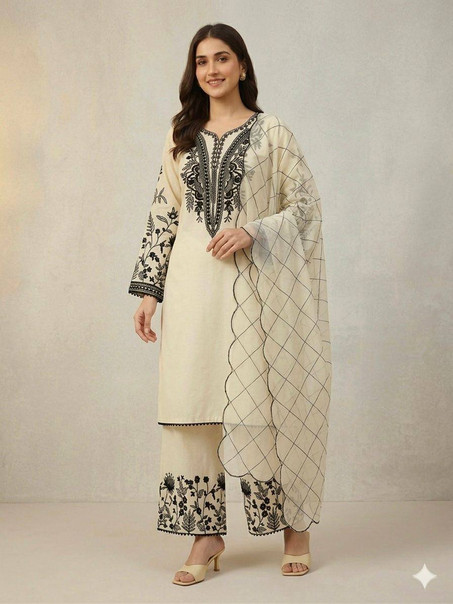 women’s mal cotton embroidered suit set with organza dupatta | festival wear top palazzo dupatta set