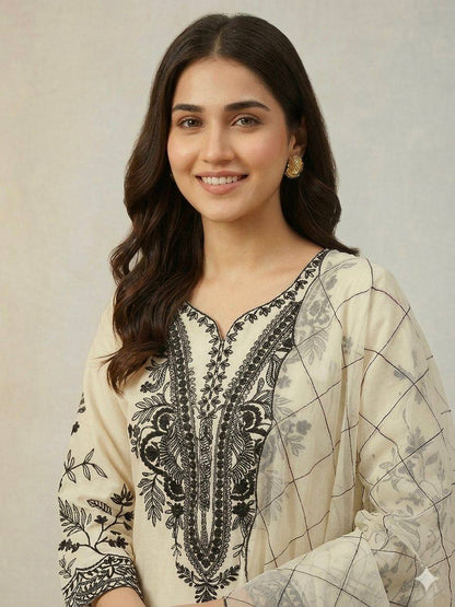 Women’s Mal Cotton Embroidered Suit Set with Organza Dupatta | Festival Wear Top Palazzo Dupatta Set