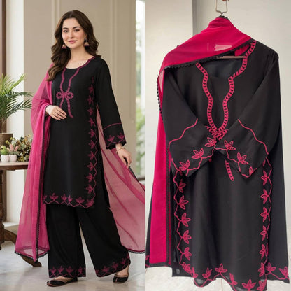 Women’s Hania Amir Inspired Pakistani Suit Set with Embroidered Rayon Top Palazzo & Georgette Dupatta