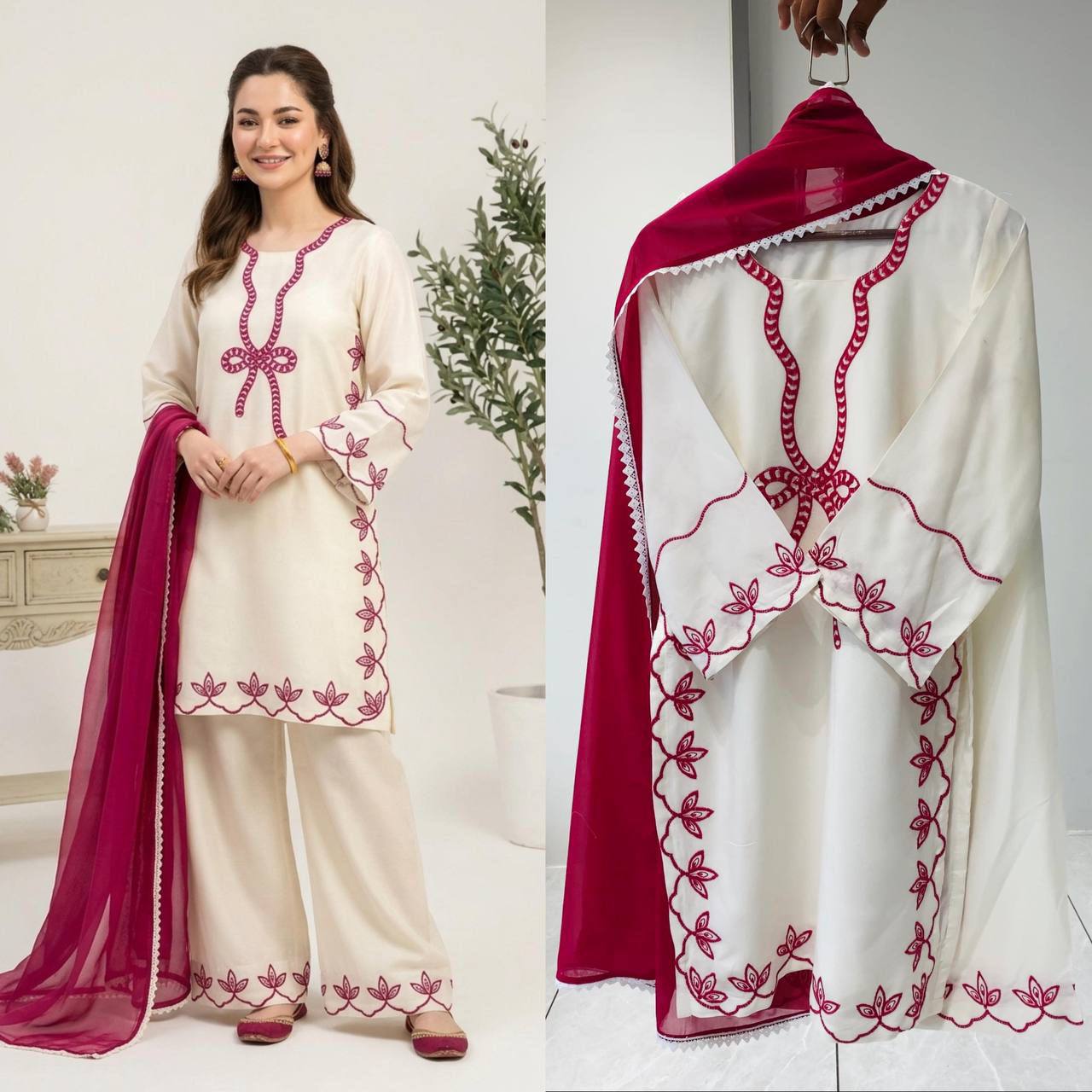 women’s hania amir inspired pakistani suit set with embroidered rayon top palazzo & georgette dupatta