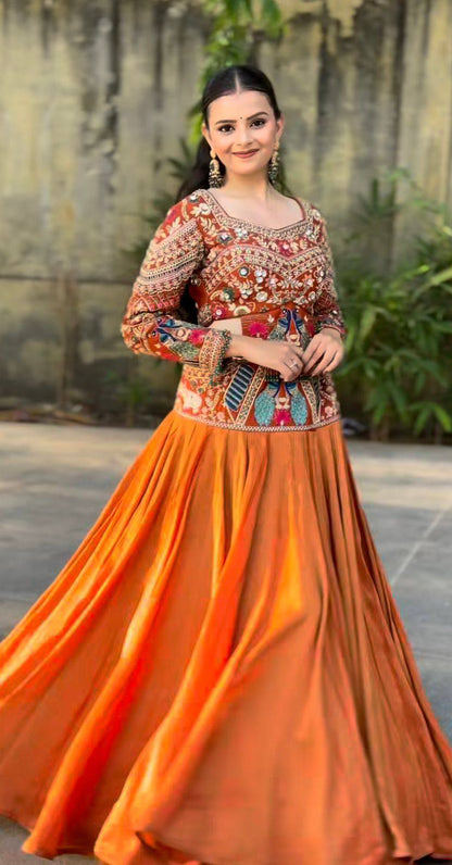 Women’s Chinon Silk Wedding Lehenga Choli | Heavy Embroidery Thread & Sequence Work | 6 Meter Flair Fully Stitched Lehenga