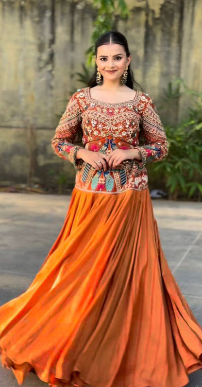 Women’s Chinon Silk Wedding Lehenga Choli | Heavy Embroidery Thread & Sequence Work | 6 Meter Flair Fully Stitched Lehenga