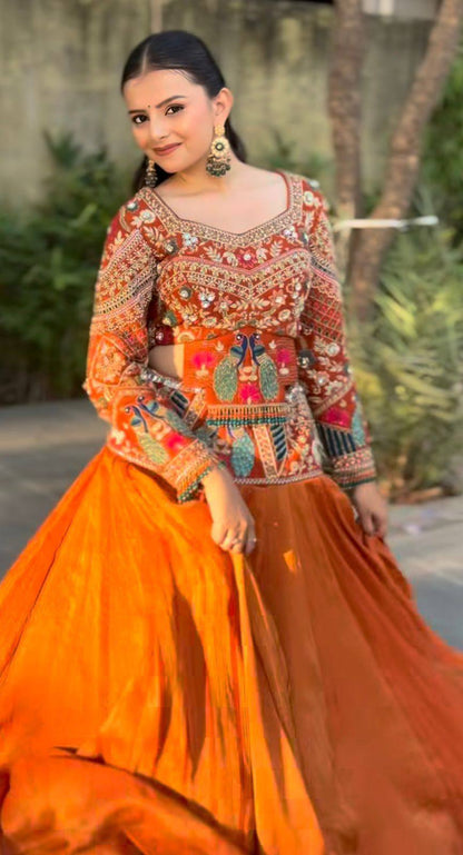 Women’s Chinon Silk Wedding Lehenga Choli | Heavy Embroidery Thread & Sequence Work | 6 Meter Flair Fully Stitched Lehenga