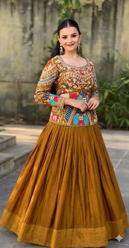 Women’s Chinon Silk Wedding Lehenga Choli | Heavy Embroidery Thread & Sequence Work | 6 Meter Flair Fully Stitched Lehenga