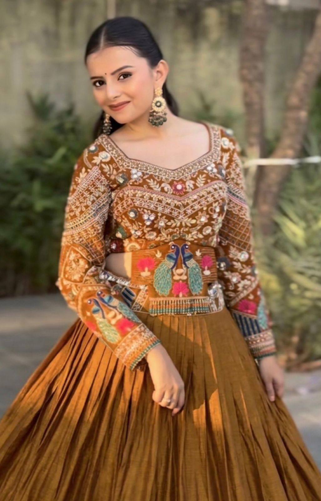 women’s chinon silk wedding lehenga choli | heavy embroidery thread & sequence work | 6 meter flair fully stitched lehenga