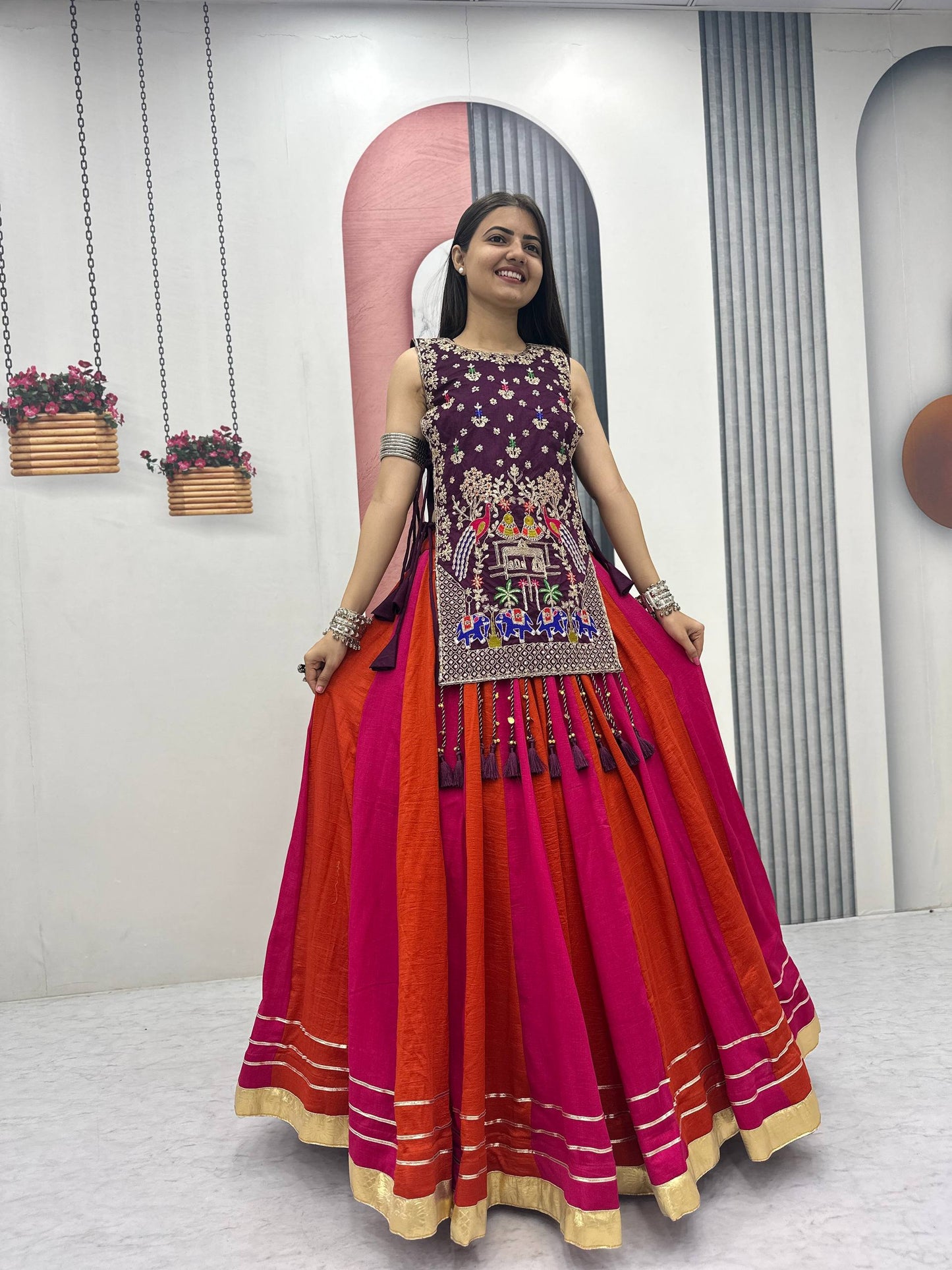 women’s navratri special vichitra silk lehenga choli with shrug | designer festive lehenga set with sequence work