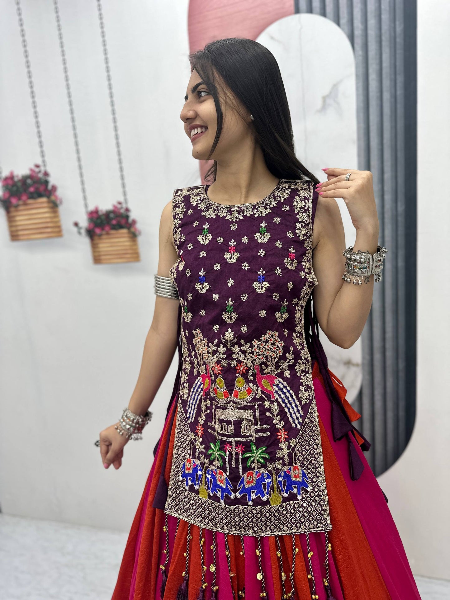 women’s navratri special vichitra silk lehenga choli with shrug | designer festive lehenga set with sequence work