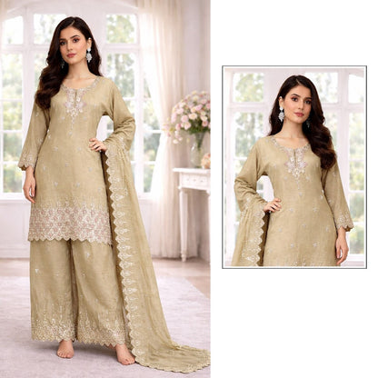 Women’s Heavy Crunchy Embroidered Palazzo Suit Set with Dupatta | Beads & Sequence Work Ethnic Wear (XXL)