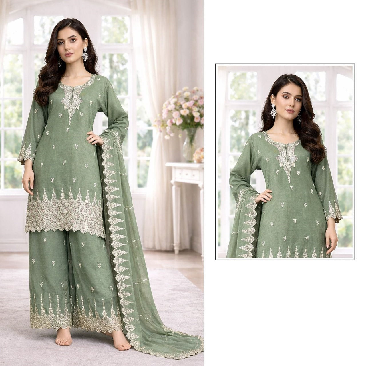 women’s heavy crunchy embroidered palazzo suit set with dupatta | beads & sequence work ethnic wear (xxl)