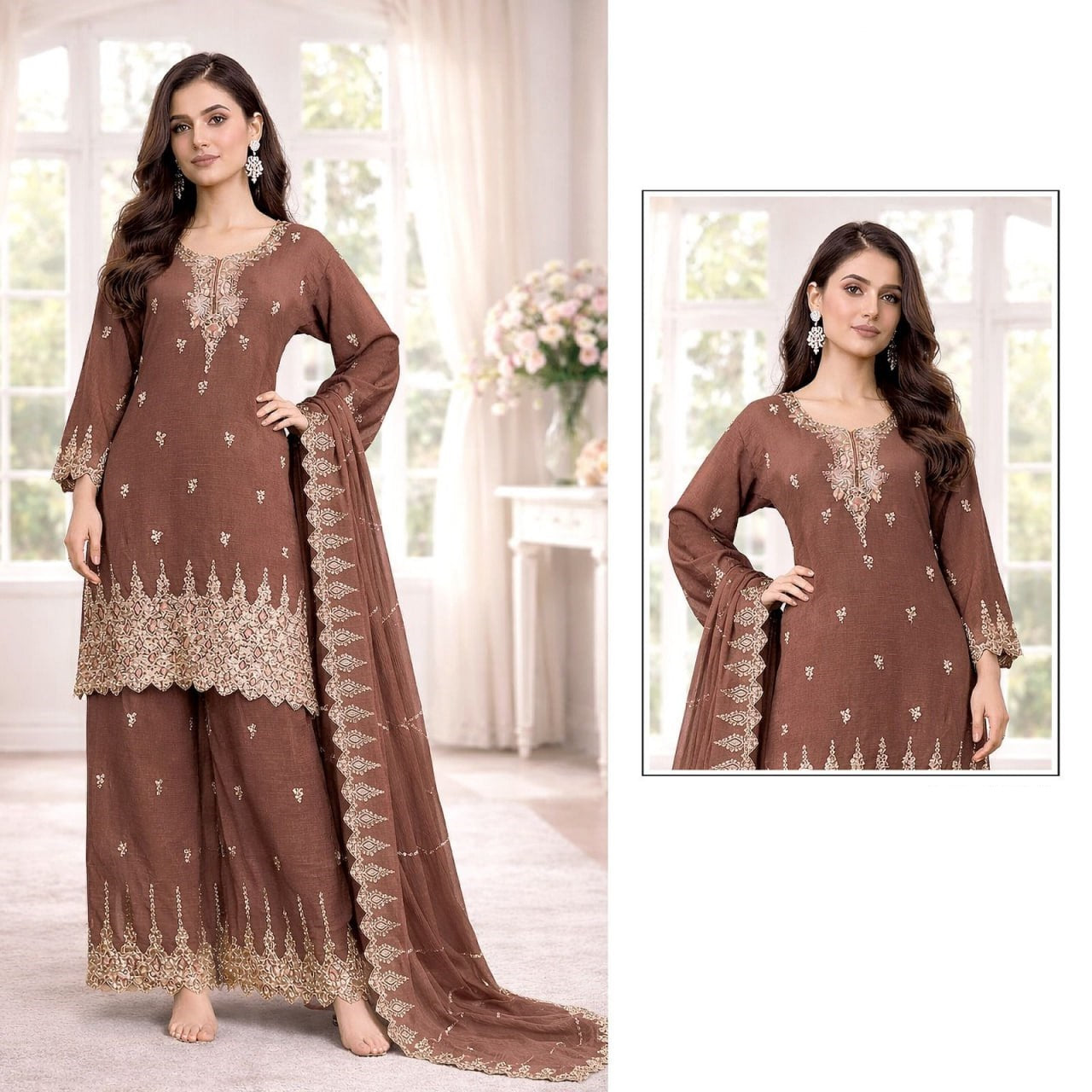 women’s heavy crunchy embroidered palazzo suit set with dupatta | beads & sequence work ethnic wear (xxl)