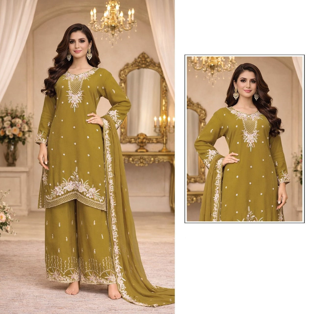 women’s heavy chiffon embroidered palazzo suit set with dupatta | beads & sequence work ethnic wear (xxl)