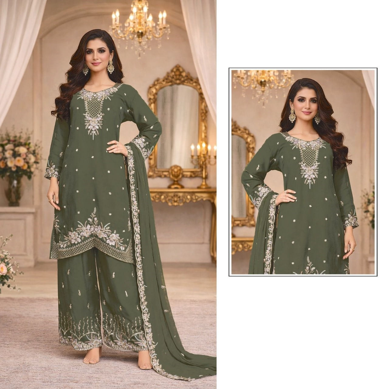 women’s heavy chiffon embroidered palazzo suit set with dupatta | beads & sequence work ethnic wear (xxl)