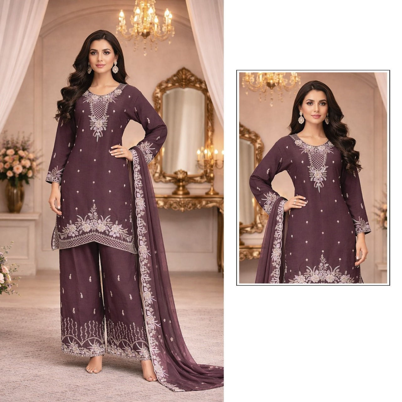women’s heavy chiffon embroidered palazzo suit set with dupatta | beads & sequence work ethnic wear (xxl)
