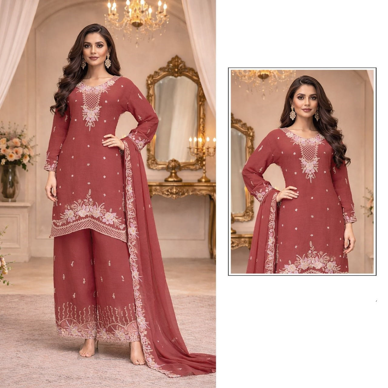 women’s heavy chiffon embroidered palazzo suit set with dupatta | beads & sequence work ethnic wear (xxl)