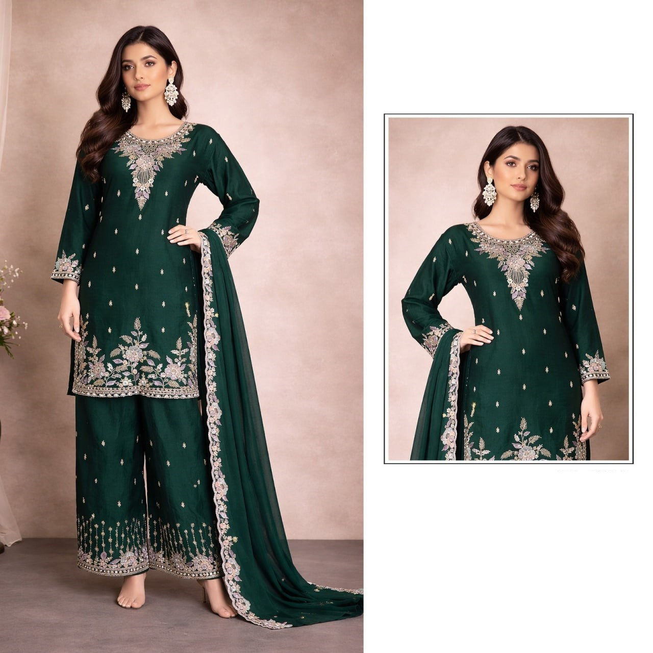 women’s heavy rangoli crush palazzo suit set with beads embroidery & dupatta | ready-made xxl ethnic wear