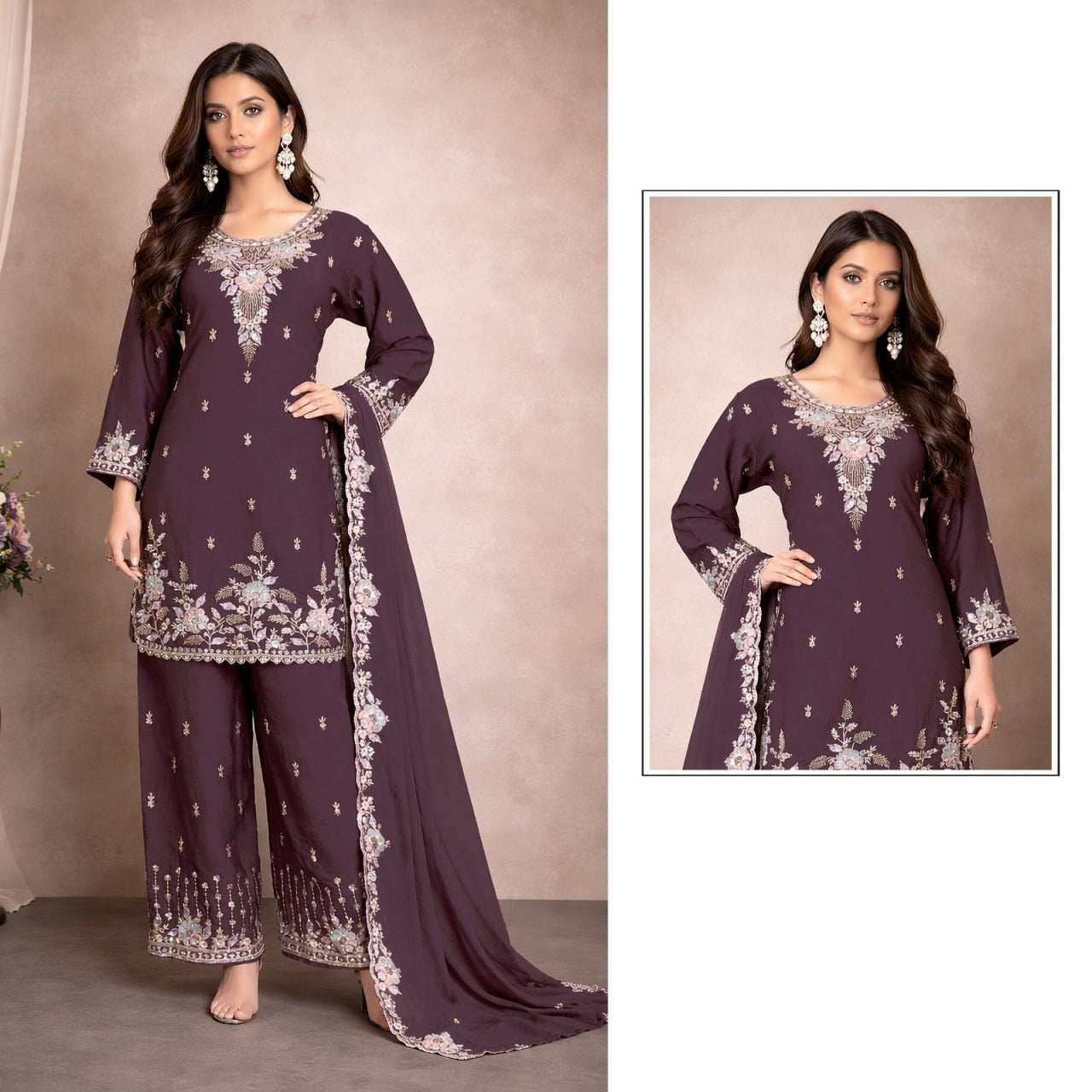 women’s heavy rangoli crush palazzo suit set with beads embroidery & dupatta | ready-made xxl ethnic wear