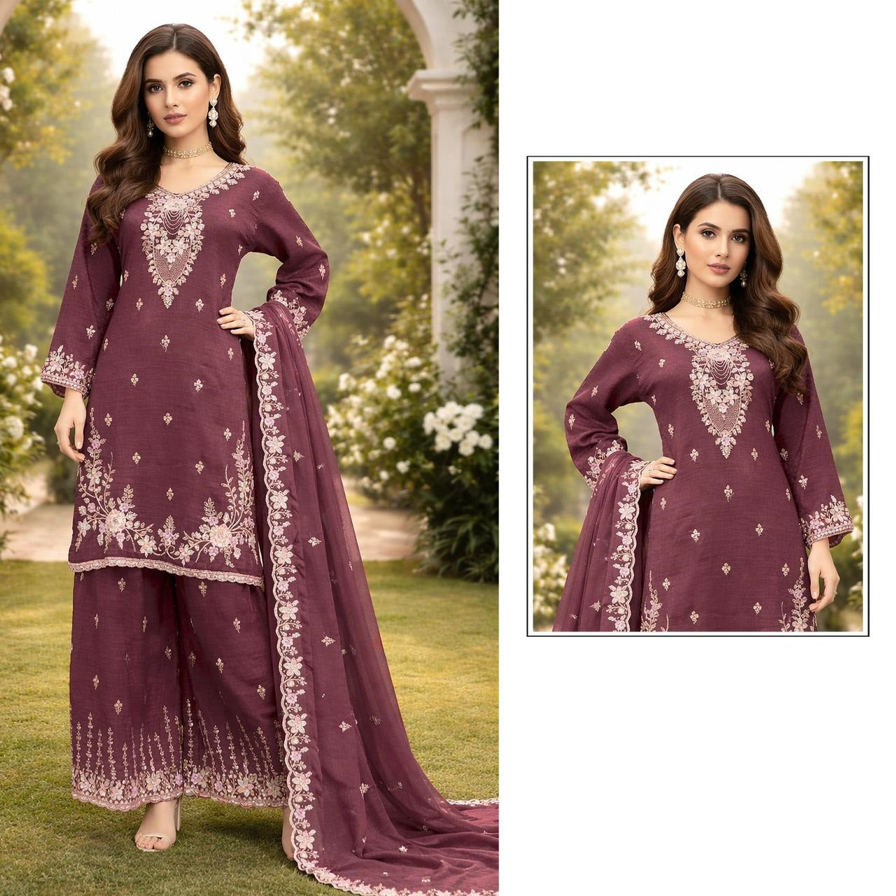 women’s heavy crunchy beads embroidered palazzo suit set with dupatta | ready-made xxl ethnic wear