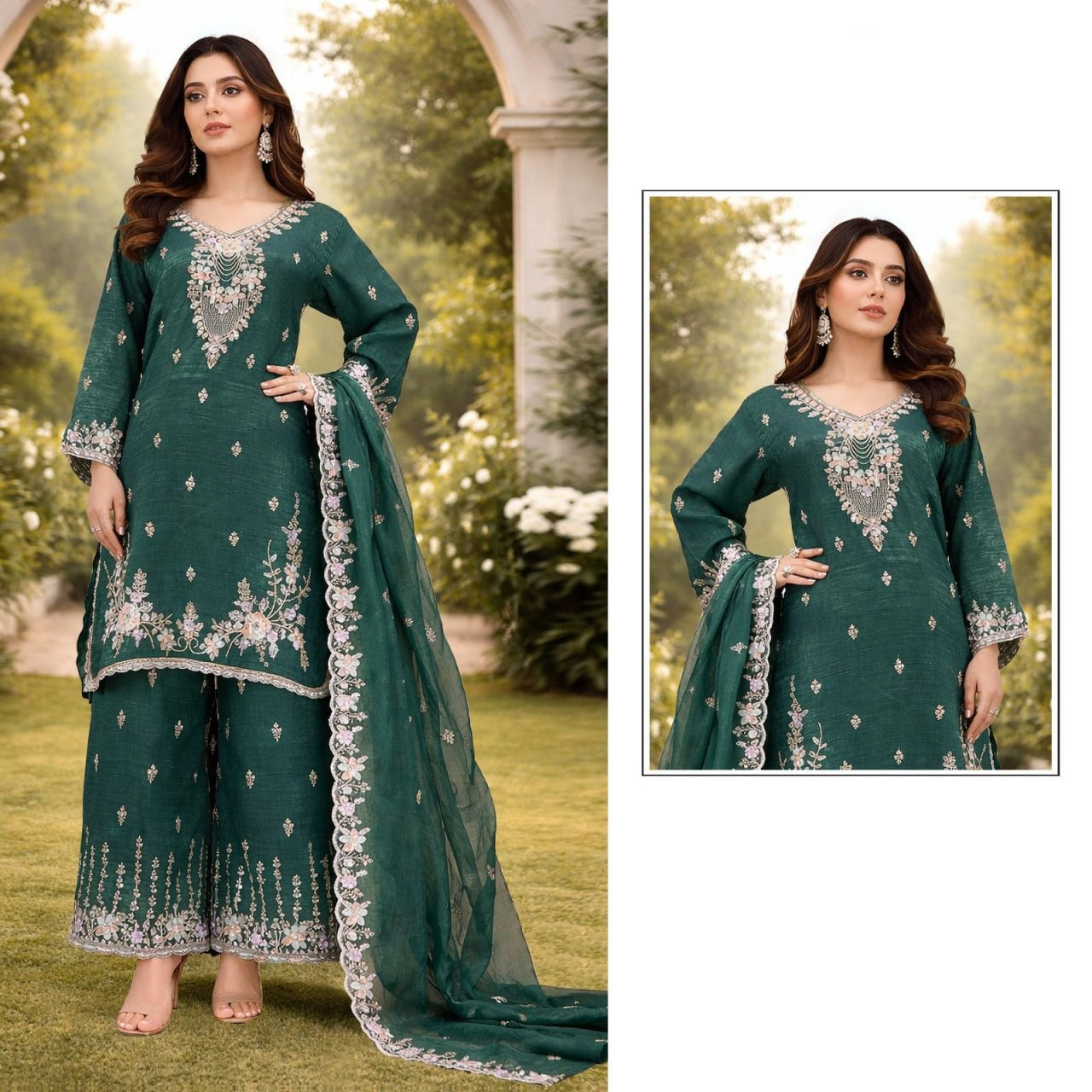 women’s heavy crunchy beads embroidered palazzo suit set with dupatta | ready-made xxl ethnic wear