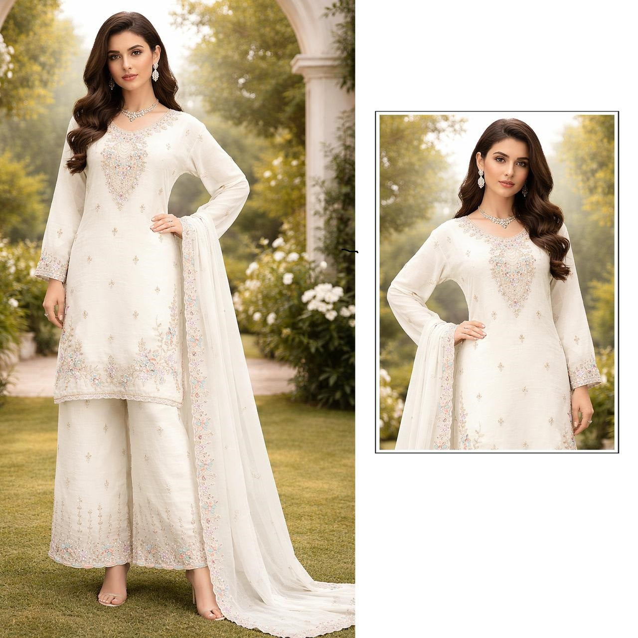 women’s heavy crunchy beads embroidered palazzo suit set with dupatta | ready-made xxl ethnic wear