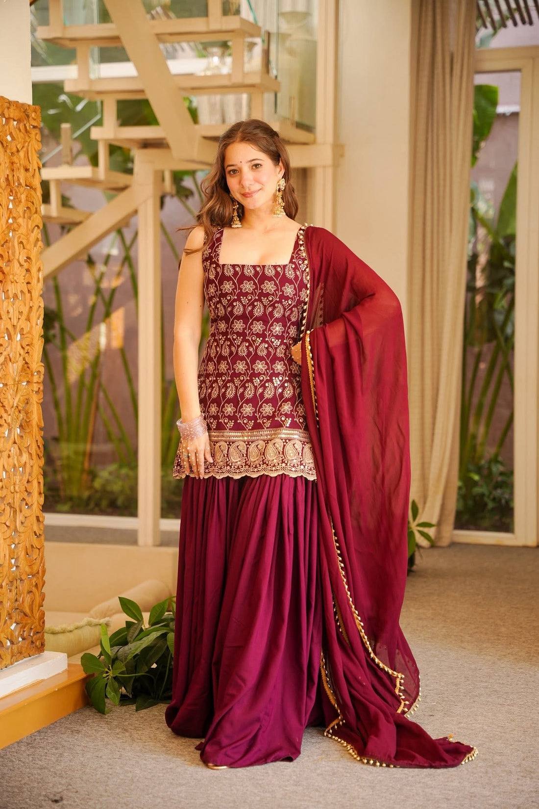 women’s faux georgette kurti palazzo set with embroidered dupatta | 3 piece ethnic suit set with back drawstring design