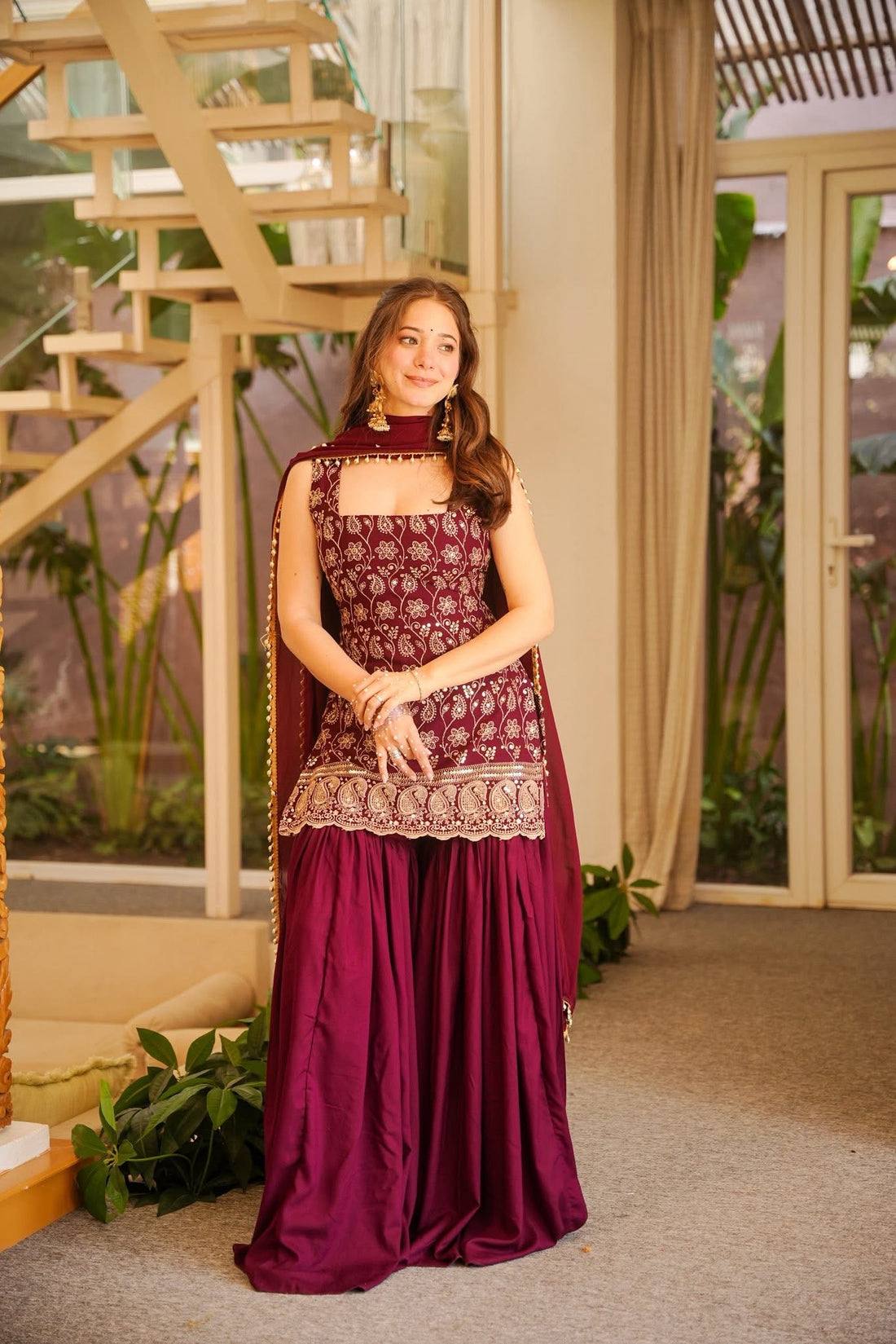 women’s faux georgette kurti palazzo set with embroidered dupatta | 3 piece ethnic suit set with back drawstring design