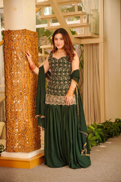 Women’s Faux Georgette Kurti Palazzo Set with Embroidered Dupatta | 3 Piece Ethnic Suit Set with Back Drawstring Design