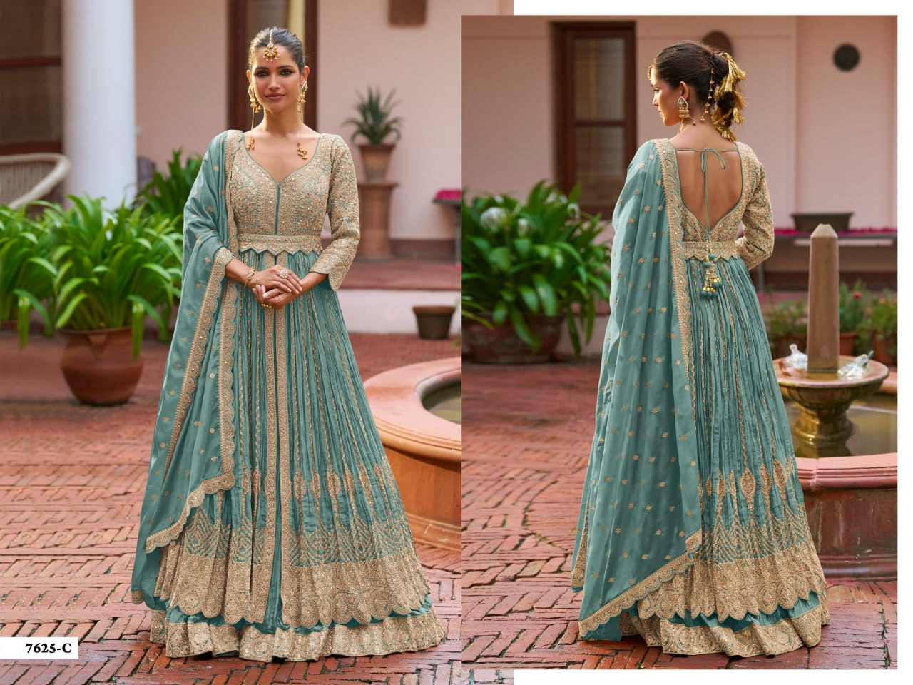 women’s heavy chinon embroidered gown set with dupatta | designer cording work ethnic wear with unstitched bottom