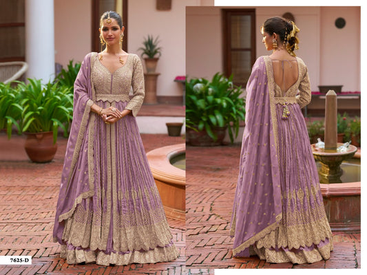 Women’s Heavy Chinon Embroidered Gown Set with Dupatta | Designer Cording Work Ethnic Wear with Unstitched Bottom