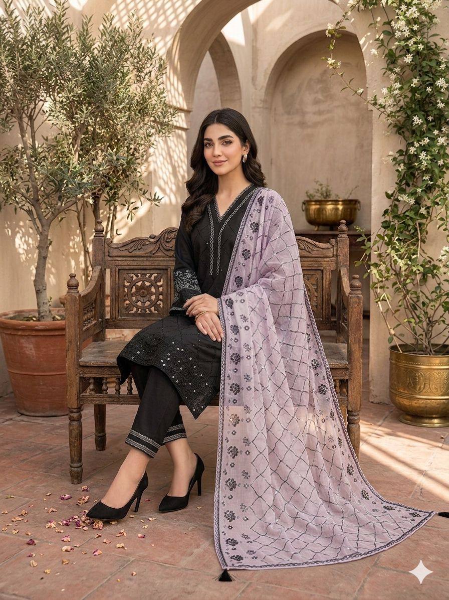 women’s roman fabric top palazzo set with embroidered organza dupatta | sequence work wedding & festive wear suit set