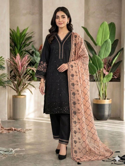 Women’s Roman Fabric Top Palazzo Set with Embroidered Organza Dupatta | Sequence Work Wedding & Festive Wear Suit Set