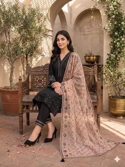 Women’s Roman Fabric Top Palazzo Set with Embroidered Organza Dupatta | Sequence Work Wedding & Festive Wear Suit Set