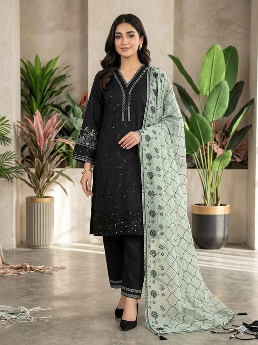 Women’s Roman Fabric Top Palazzo Set with Embroidered Organza Dupatta | Sequence Work Wedding & Festive Wear Suit Set