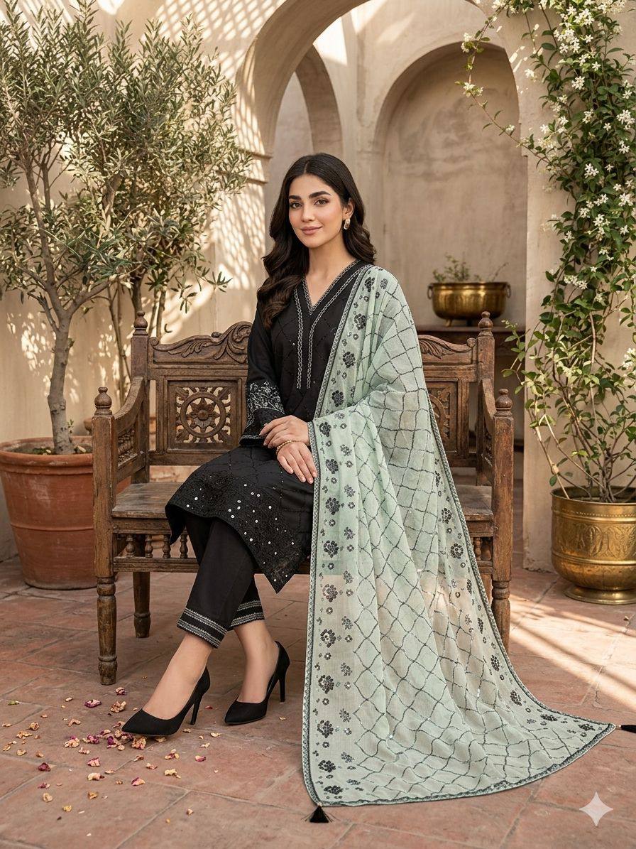 women’s roman fabric top palazzo set with embroidered organza dupatta | sequence work wedding & festive wear suit set