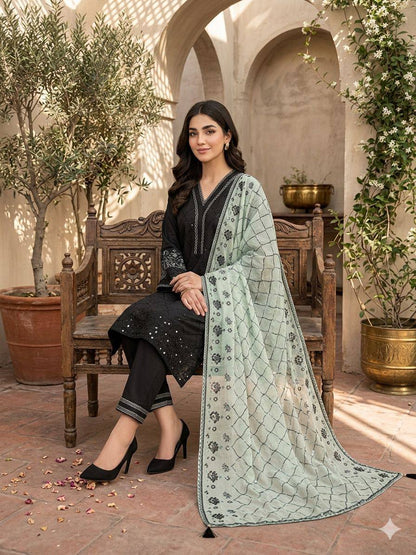 Women’s Roman Fabric Top Palazzo Set with Embroidered Organza Dupatta | Sequence Work Wedding & Festive Wear Suit Set