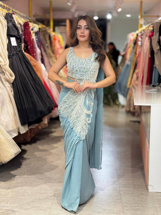 Women’s Ready-to-Wear Rangoli Silk Drape Saree with Beads Work Blouse | Designer Pre-Stitched Saree for Party & Wedding Wear