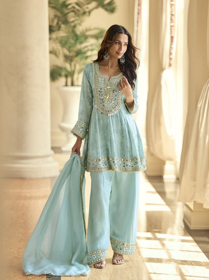 Women’s Jimichu Silk Kurti Palazzo Set with Dupatta | Real Mirror Hand Work Designer Ethnic Suit Set