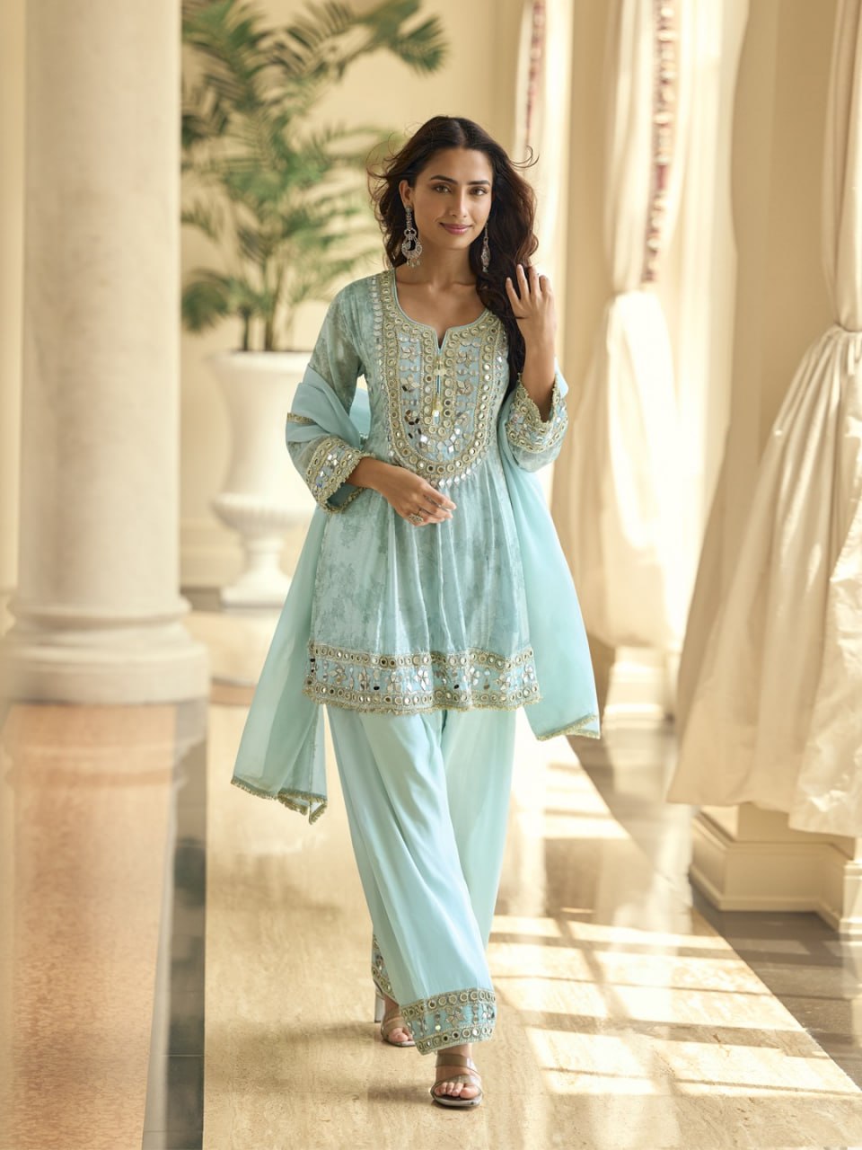 women’s jimichu silk kurti palazzo set with dupatta | real mirror hand work designer ethnic suit set