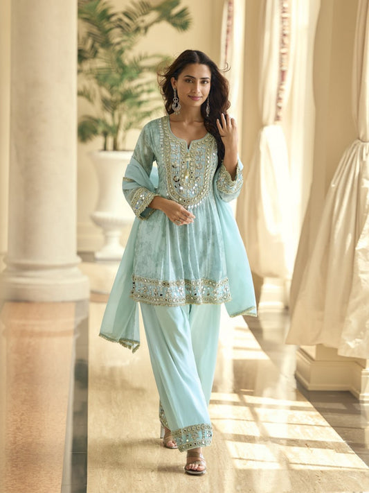 Women’s Jimichu Silk Kurti Palazzo Set with Dupatta | Real Mirror Hand Work Designer Ethnic Suit Set