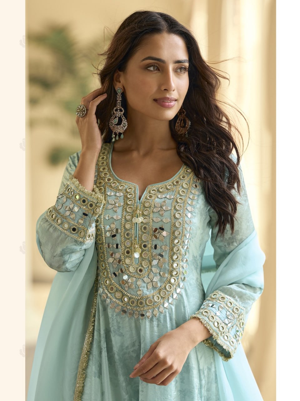 women’s jimichu silk kurti palazzo set with dupatta | real mirror hand work designer ethnic suit set