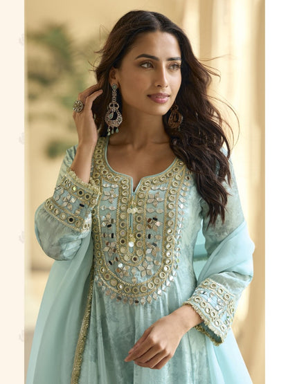 Women’s Jimichu Silk Kurti Palazzo Set with Dupatta | Real Mirror Hand Work Designer Ethnic Suit Set