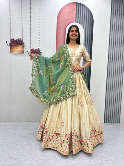 Women’s Chinon Lehenga Choli with Embroidered Fendy Dupatta | Festival Special Designer Lehenga Set with Sequence Work