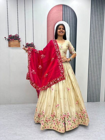 Women’s Chinon Lehenga Choli with Embroidered Fendy Dupatta | Festival Special Designer Lehenga Set with Sequence Work