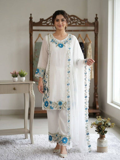 Women’s Fox Georgette Top Palazzo Set with Embroidered Dupatta | Designer 3 Piece Ethnic Wear Suit Set