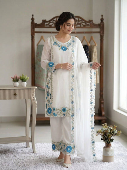 Women’s Fox Georgette Top Palazzo Set with Embroidered Dupatta | Designer 3 Piece Ethnic Wear Suit Set