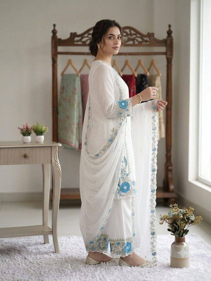 Women’s Fox Georgette Top Palazzo Set with Embroidered Dupatta | Designer 3 Piece Ethnic Wear Suit Set