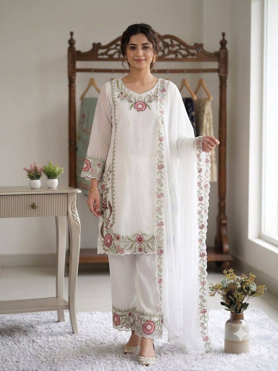 women’s fox georgette top palazzo set with embroidered dupatta | designer 3 piece ethnic wear suit set