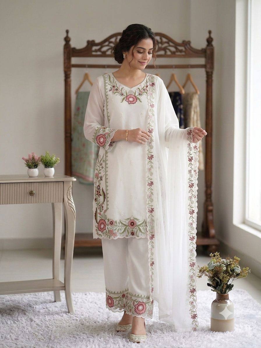 women’s fox georgette top palazzo set with embroidered dupatta | designer 3 piece ethnic wear suit set